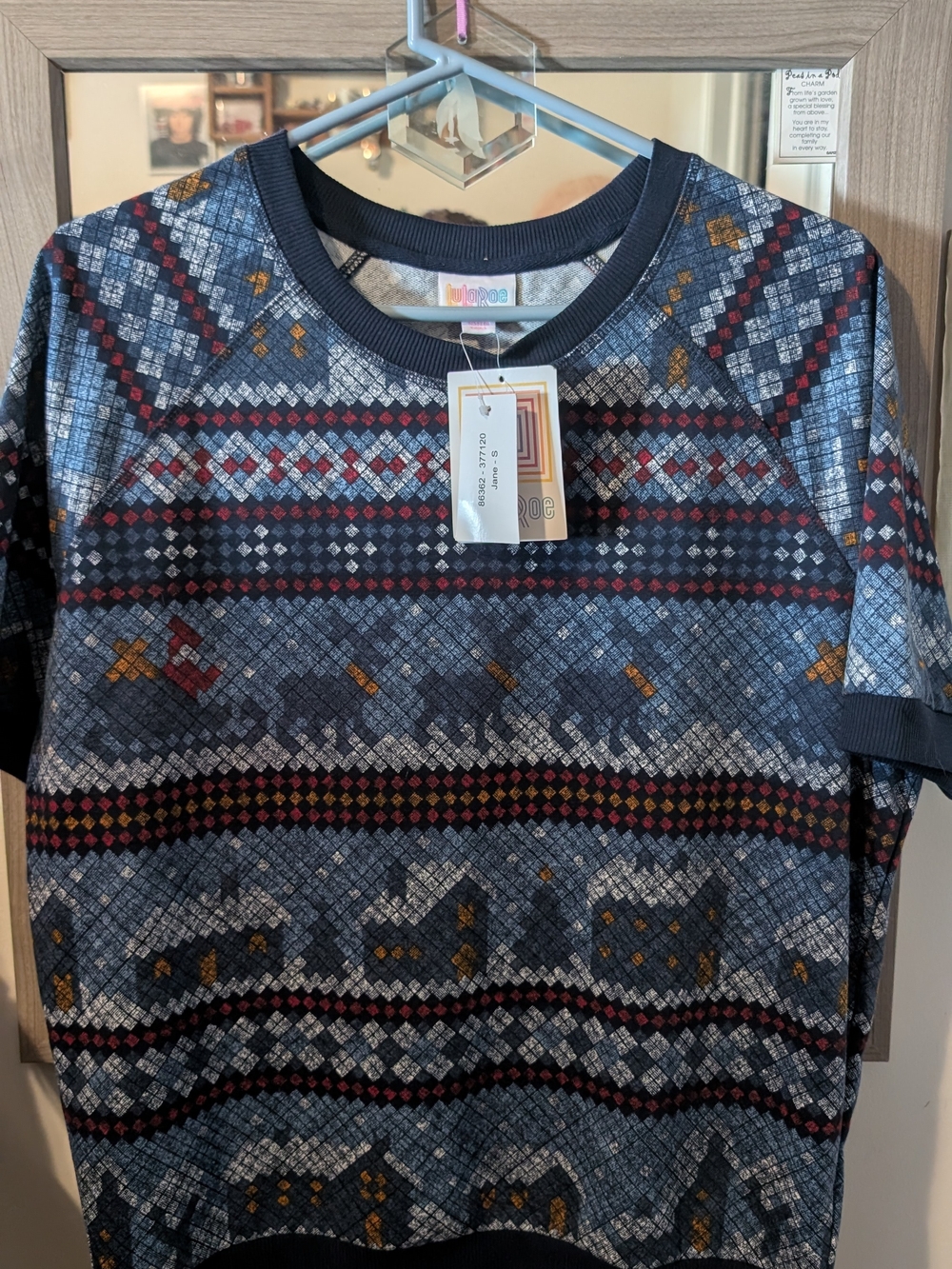 LuLaRoe Navy, Red & Gray Geometric Knit Top